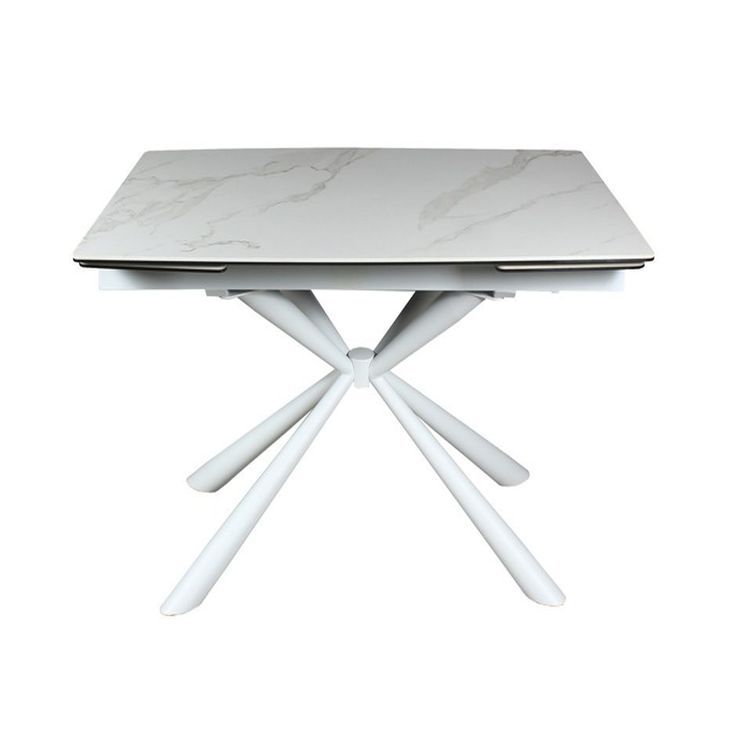 Mesa extensible porcelánica modelo Damasco con patas negras, estilo moderno.