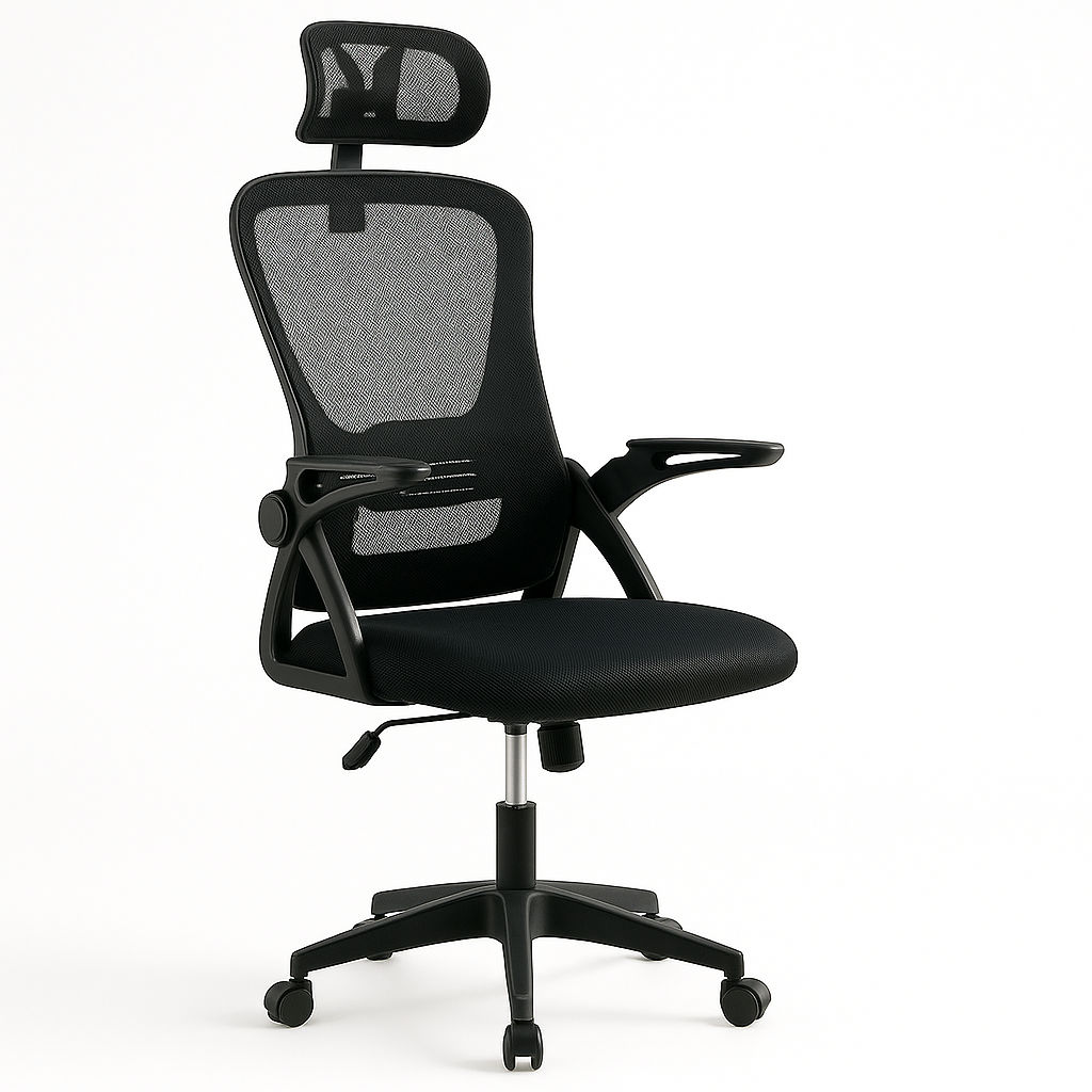 Silla de oficina ARGOS de malla negra, ergonómica y regulable. Respaldo alto, asiento acolchado y gran confort. Medidas: 61 × 59 × 114 cm.