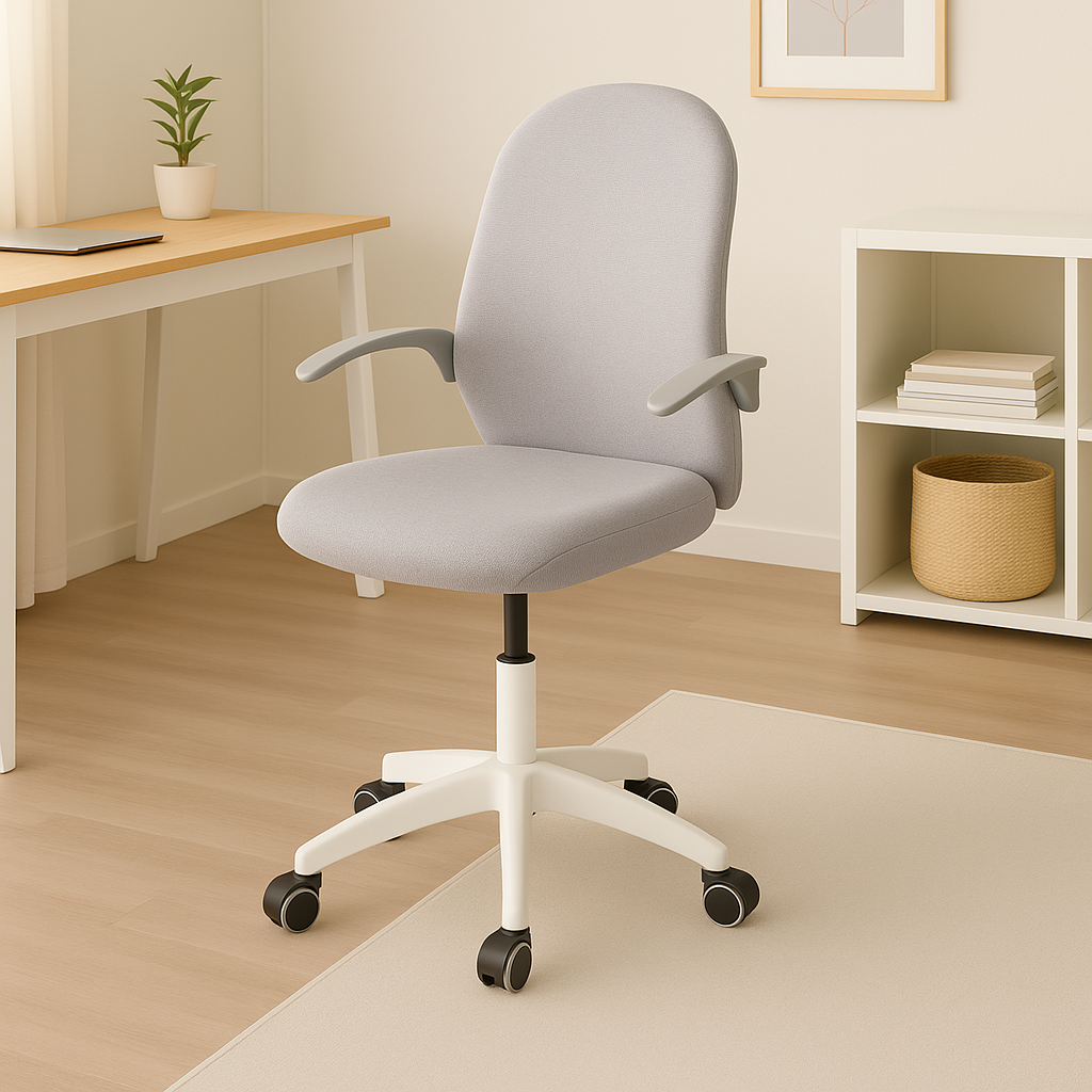 Silla de oficina IRIS de malla en rosa o gris, ergonómica y compacta. Diseño moderno y cómodo para estudio u oficina. Medidas: 47 × 56 × 89 cm.