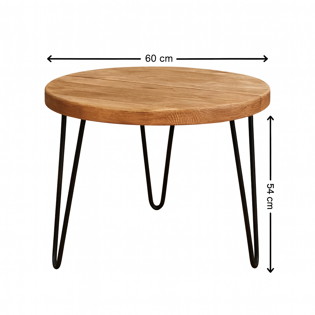 Mesa auxiliar redonda en madera de pino de reciclado. Práctica y versátil, con un estilo minimalista y un acabado natural.