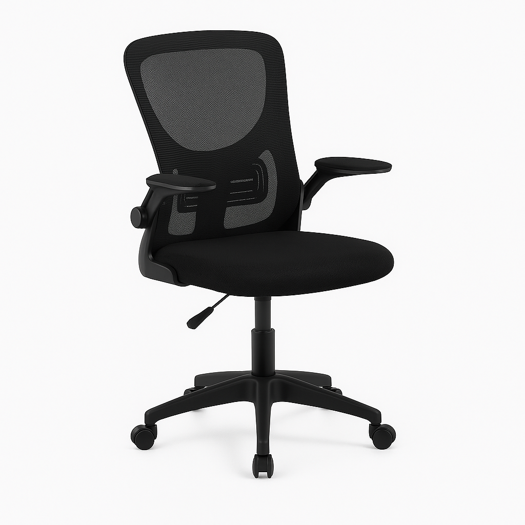 Silla de oficina ORIS de malla negra, ergonómica y regulable. Respaldo alto, asiento acolchado y diseño moderno. Medidas: 56 × 56 × 110 cm.