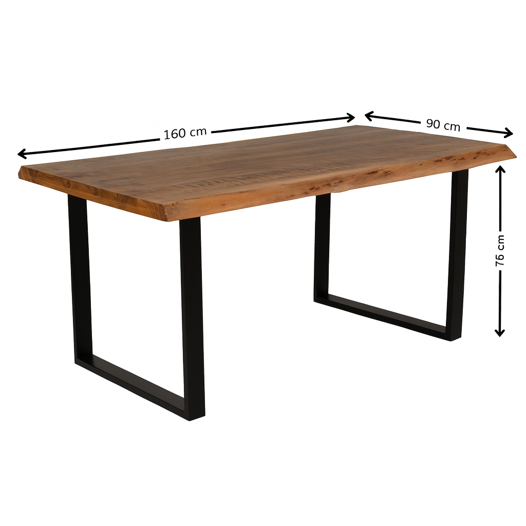 Mesa de madera rústica en madera de acacia natural con patas de metal en forma de U. Perfecta para reunir a toda la familia.