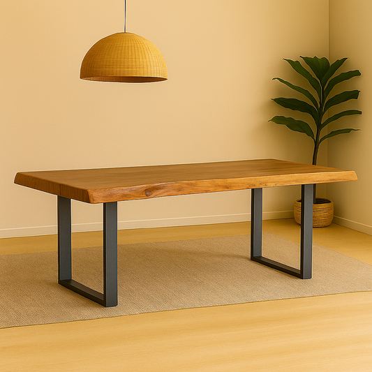 Mesa de madera rústica en madera de acacia natural con patas de metal en forma de U. Perfecta para reunir a toda la familia.