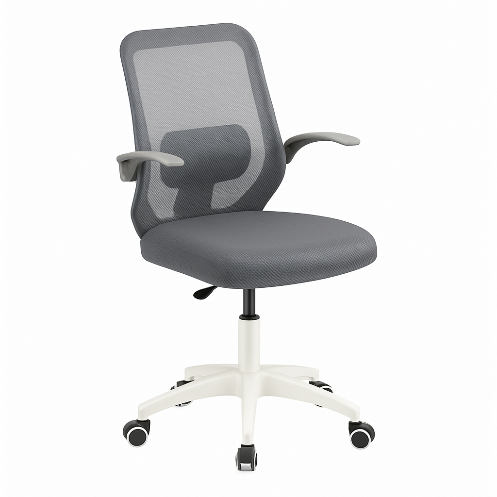 Silla de oficina LETO de malla gris oscuro, ergonómica y compacta. Diseño moderno y cómodo para oficina o estudio. Medidas: 54 × 59 × 91,5 cm.