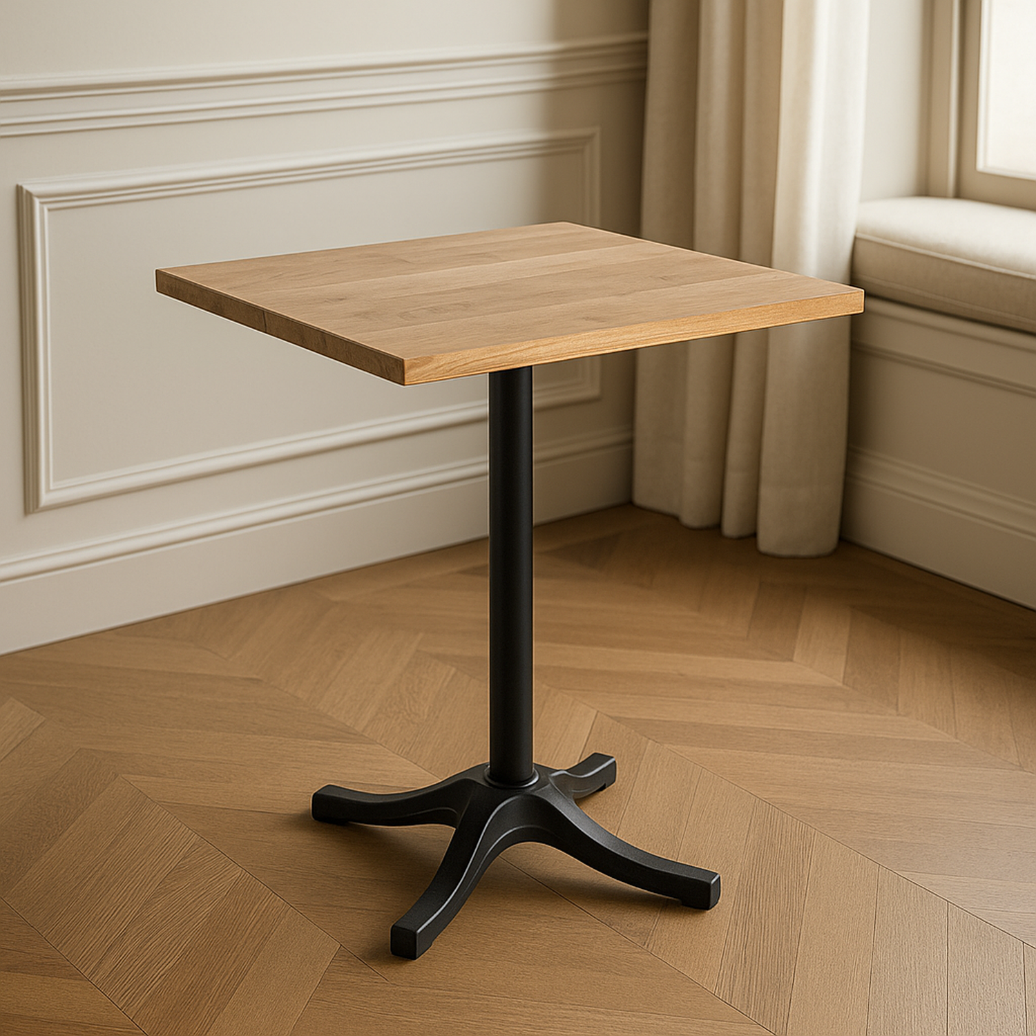 Mesa para hostelería 70×70 cm en madera de acacia natural con pie central de 4 puntas. Resistente, funcional y perfecta para bares y restaurantes.