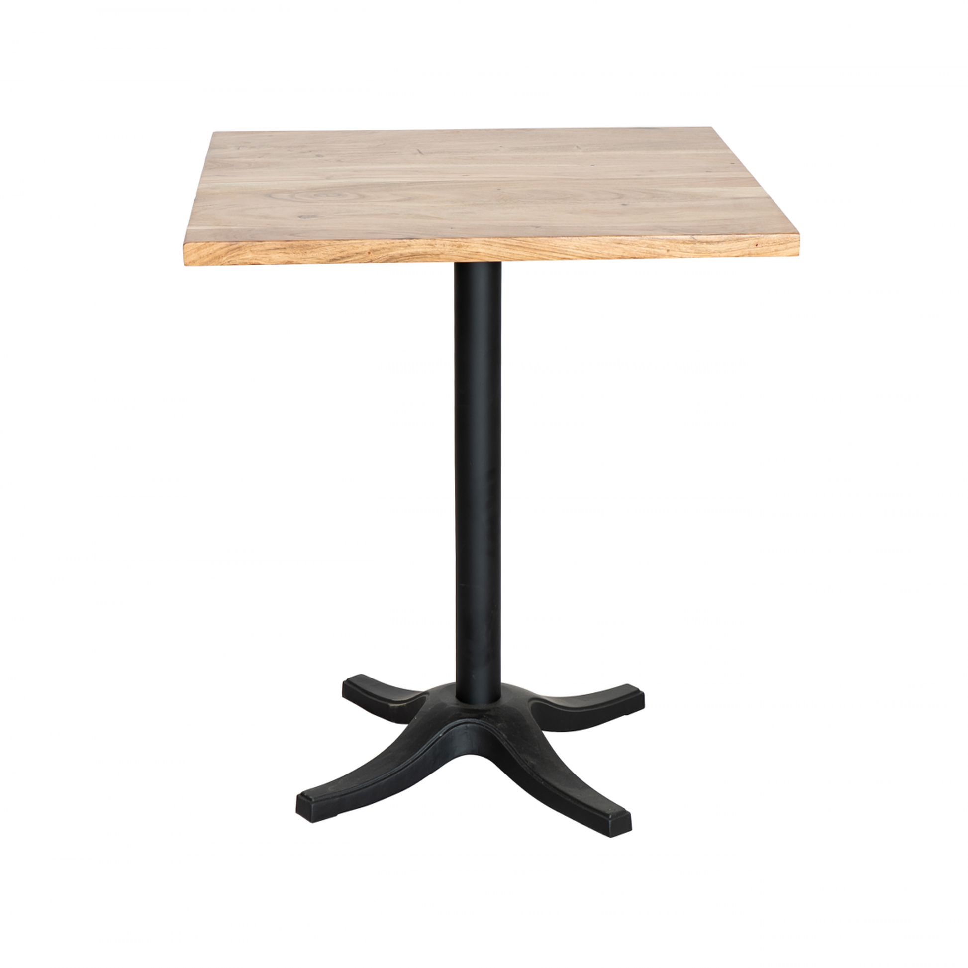 Mesa para hostelería 70×70 cm en madera de acacia natural con pie central de 4 puntas. Resistente, funcional y perfecta para bares y restaurantes.