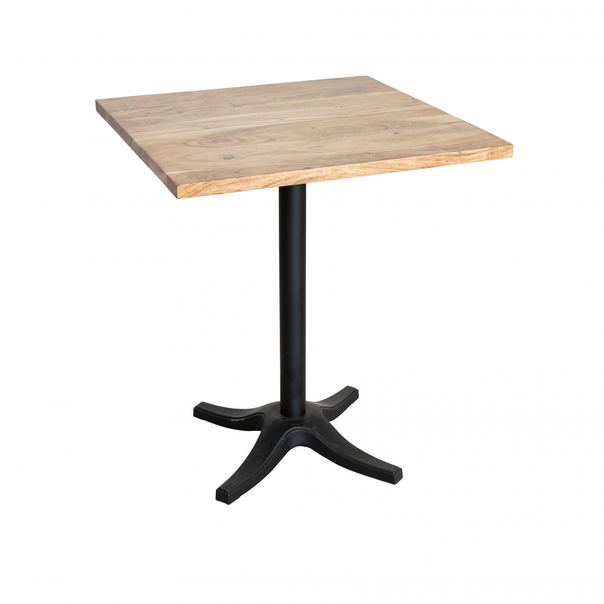 Mesa para hostelería 70×70 cm en madera de acacia natural con pie central de 4 puntas. Resistente, funcional y perfecta para bares y restaurantes.