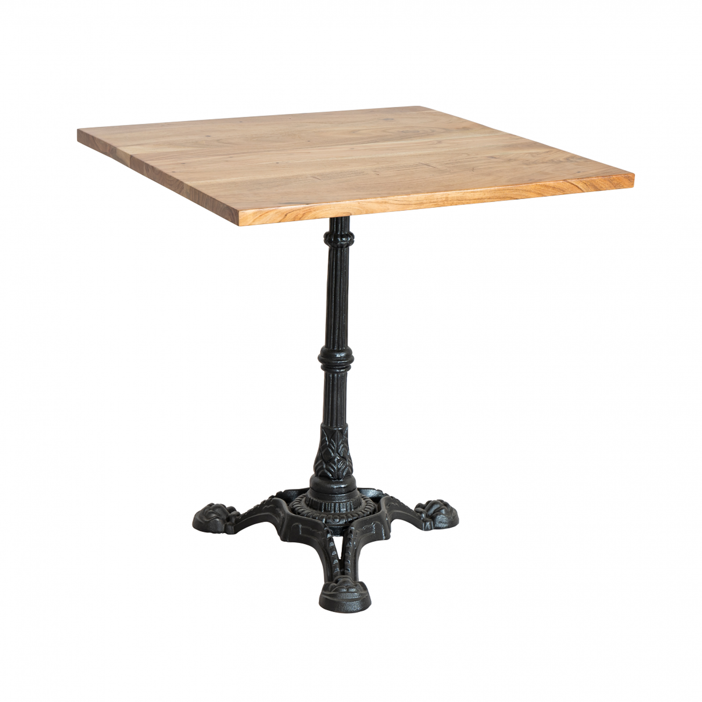 Mesa de hostelería 70×70 cm en madera de acacia natural con pie central de 3 puntas. Estilo natural, resistente y perfecta para bares y cafeterías.