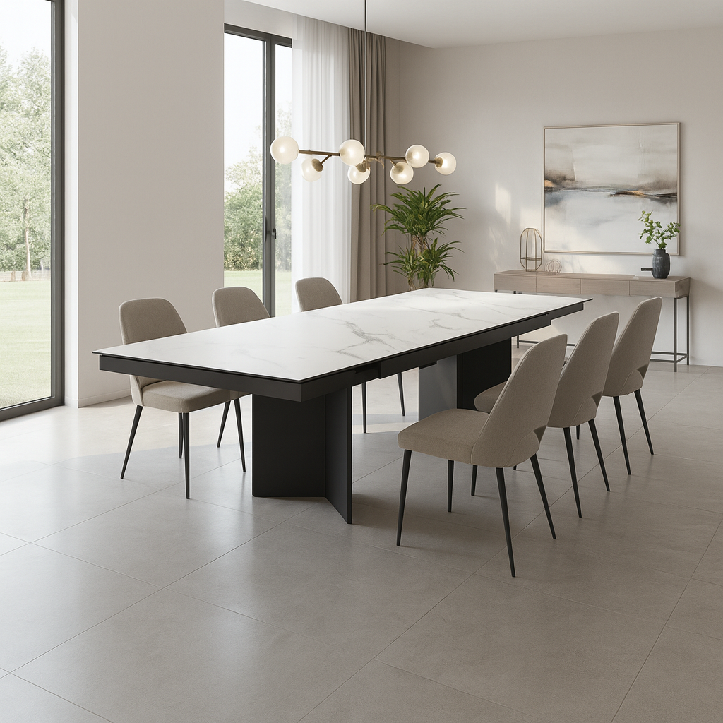 Mesa de comedor Calia extensible 180–296 cm con tablero cerámico y patas gris azulado. Diseño moderno, alta resistencia y gran capacidad para salones y comedores.