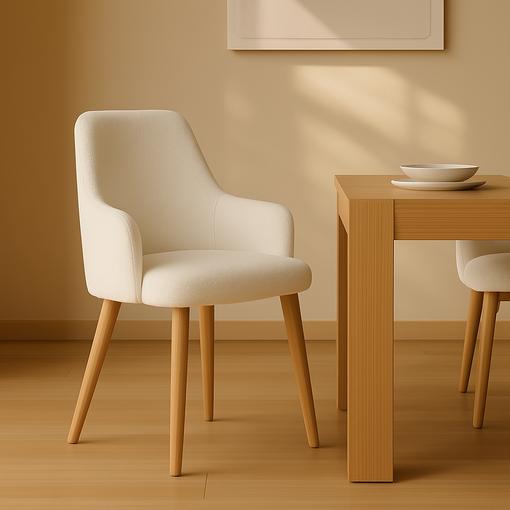 Silla de comedor tapizada en paño bouclé blanco. Patas metálicas con efecto madera gracias a la impresión de transferencia de grano de madera.