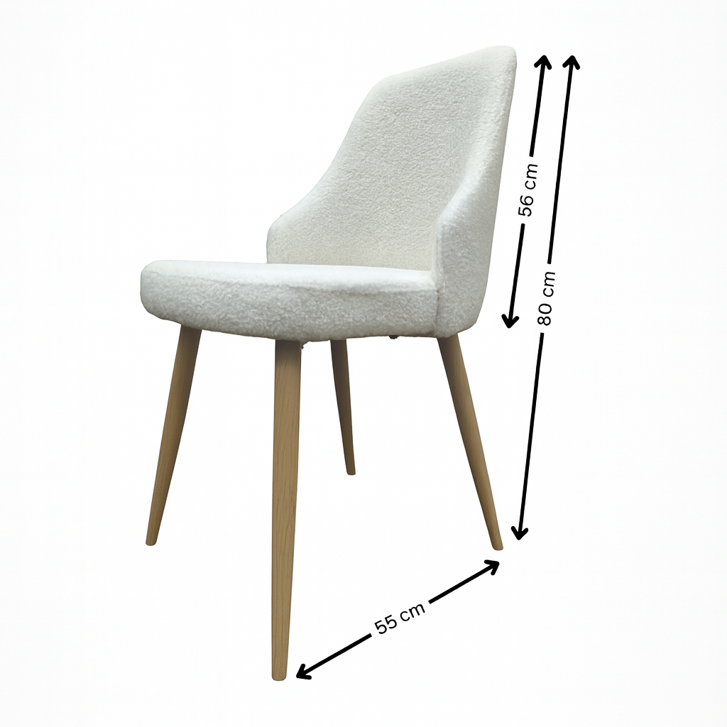 Silla de comedor tapizada en paño bouclé blanco. Patas metálicas con efecto madera gracias a la impresión de transferencia de grano de madera.