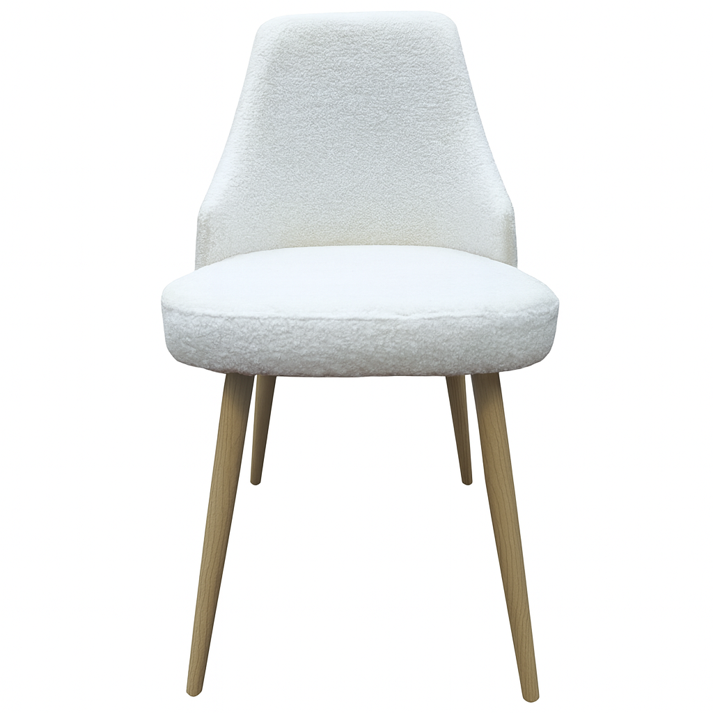 Silla de comedor tapizada en paño bouclé blanco. Patas metálicas con efecto madera gracias a la impresión de transferencia de grano de madera.