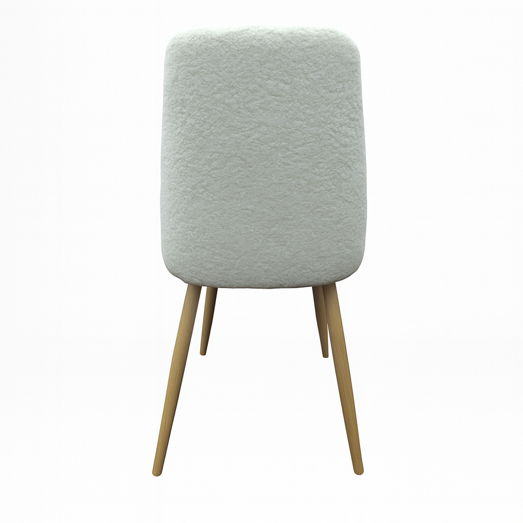 Silla de comedor tapizada en paño bouclé blanco. Patas metálicas con efecto madera gracias a la impresión de transferencia de grano de madera.