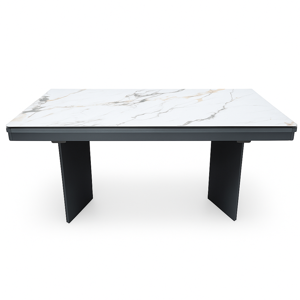 Mesa de comedor Calia extensible 180–296 cm con tablero cerámico y patas gris azulado. Diseño moderno, alta resistencia y gran capacidad para salones y comedores.