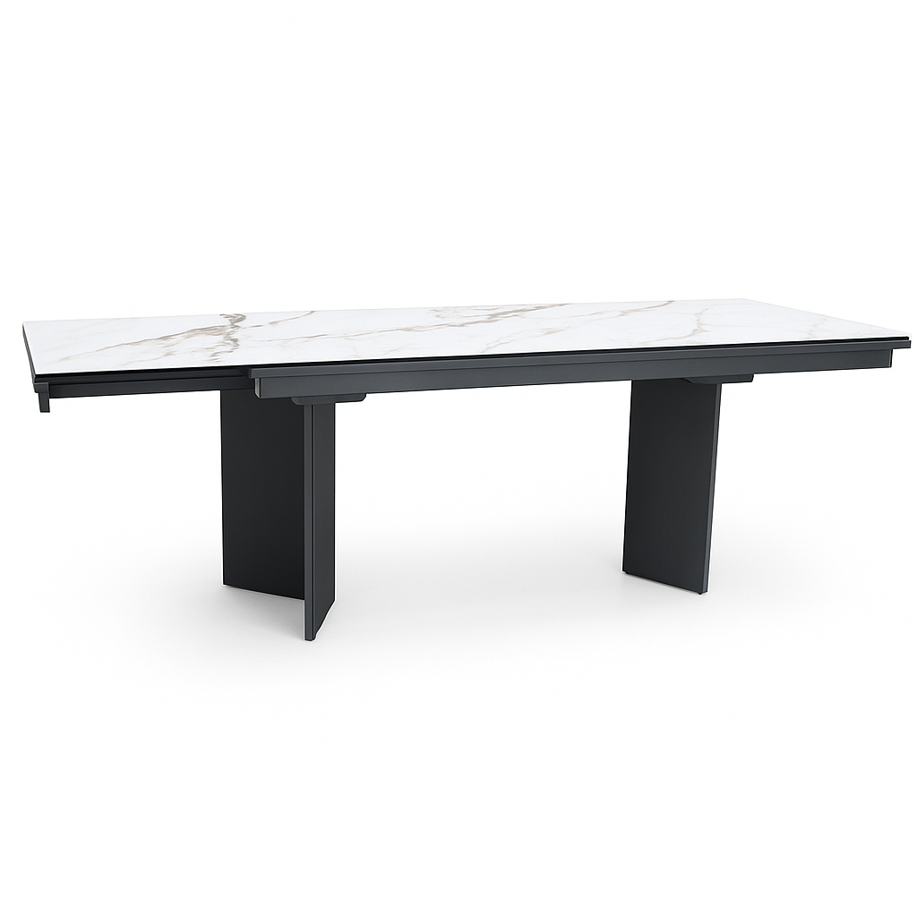 Mesa de comedor Calia extensible 180–296 cm con tablero cerámico y patas gris azulado. Diseño moderno, alta resistencia y gran capacidad para salones y comedores.