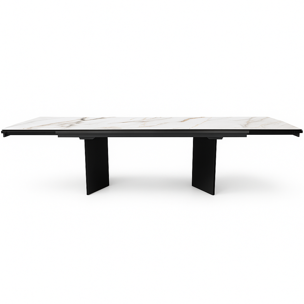 Mesa de comedor Calia extensible 180–296 cm con tablero cerámico y patas gris azulado. Diseño moderno, alta resistencia y gran capacidad para salones y comedores.