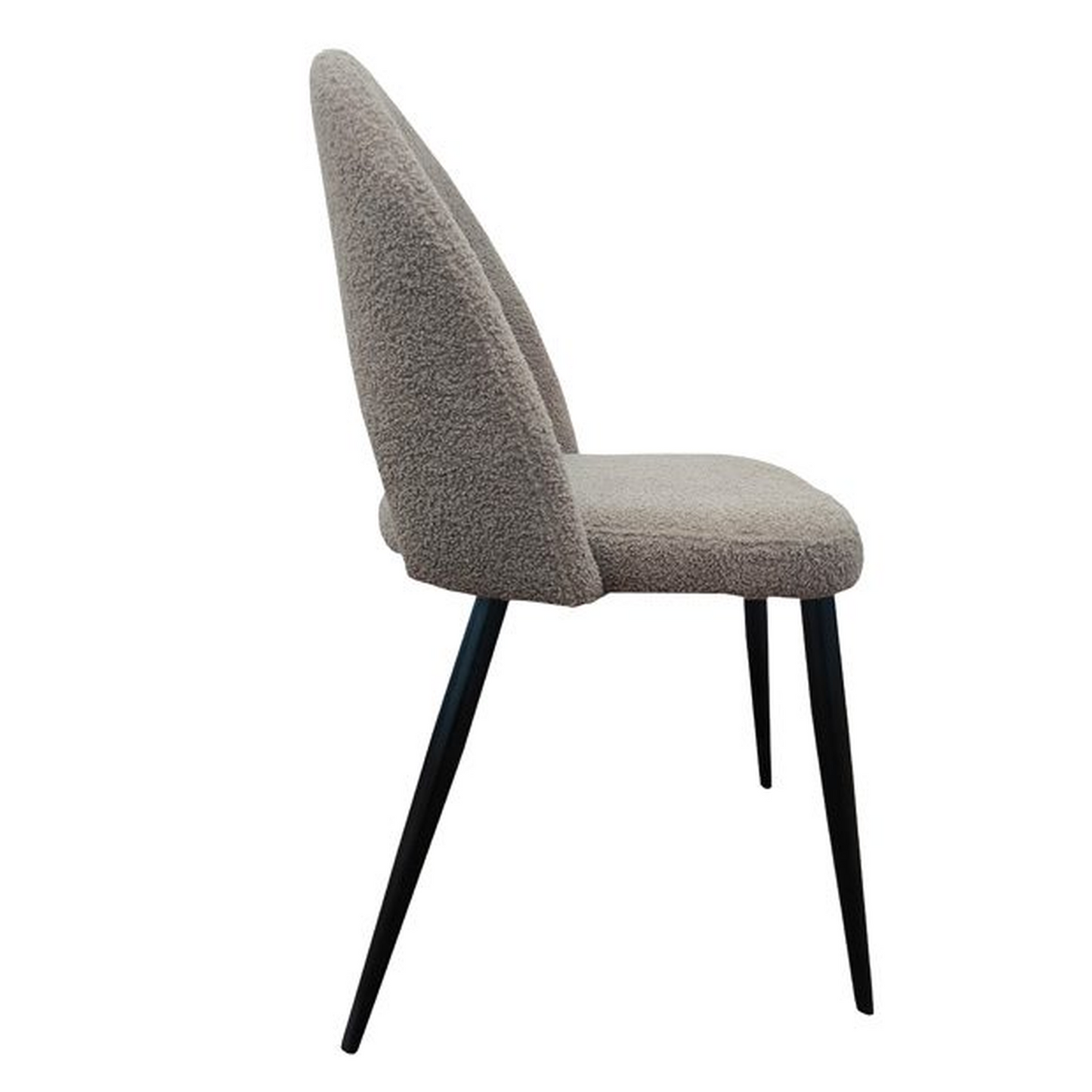 Silla de comedor moderna con asiento tapizado en bouclé gris y patas metálicas en negro. Una silla moderna, elegante y cómoda.