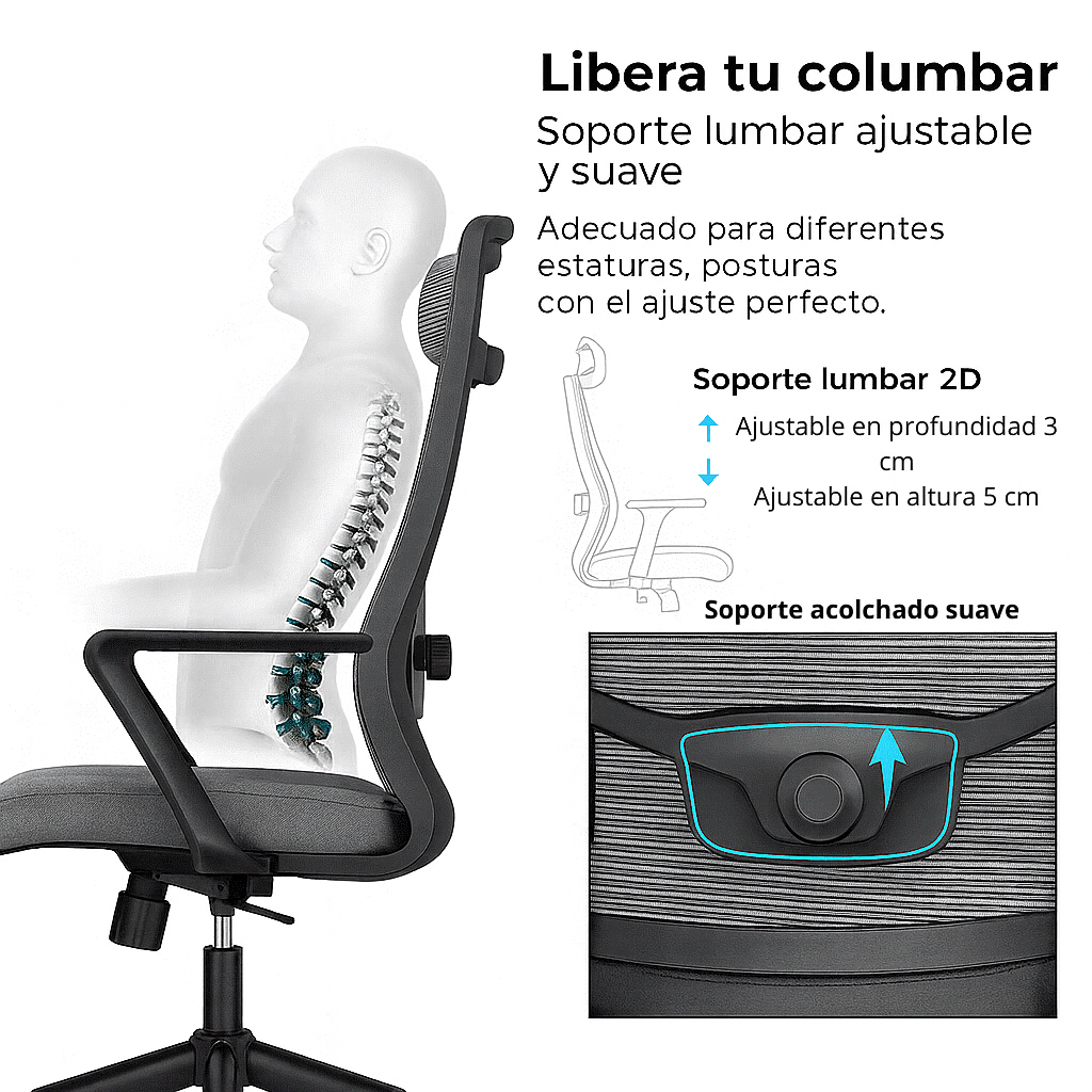 Silla de oficina ergonómica Steven-H con respaldo de malla, reposacabezas ajustable, soporte lumbar 2D, reposabrazos fijos y sistema de bloqueo de inclinación.