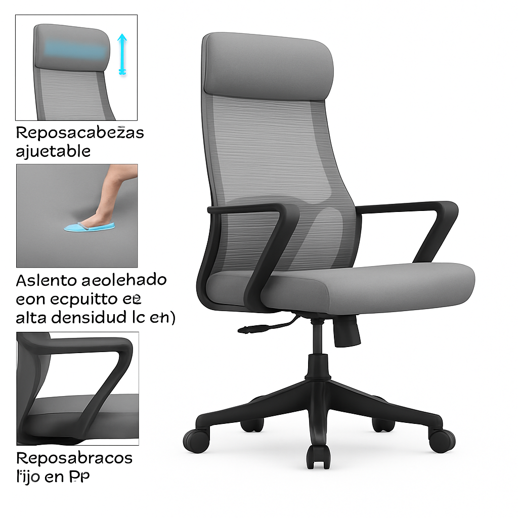 Silla de oficina ergonómica Steven-H con respaldo de malla, reposacabezas ajustable, soporte lumbar 2D, reposabrazos fijos y sistema de bloqueo de inclinación.