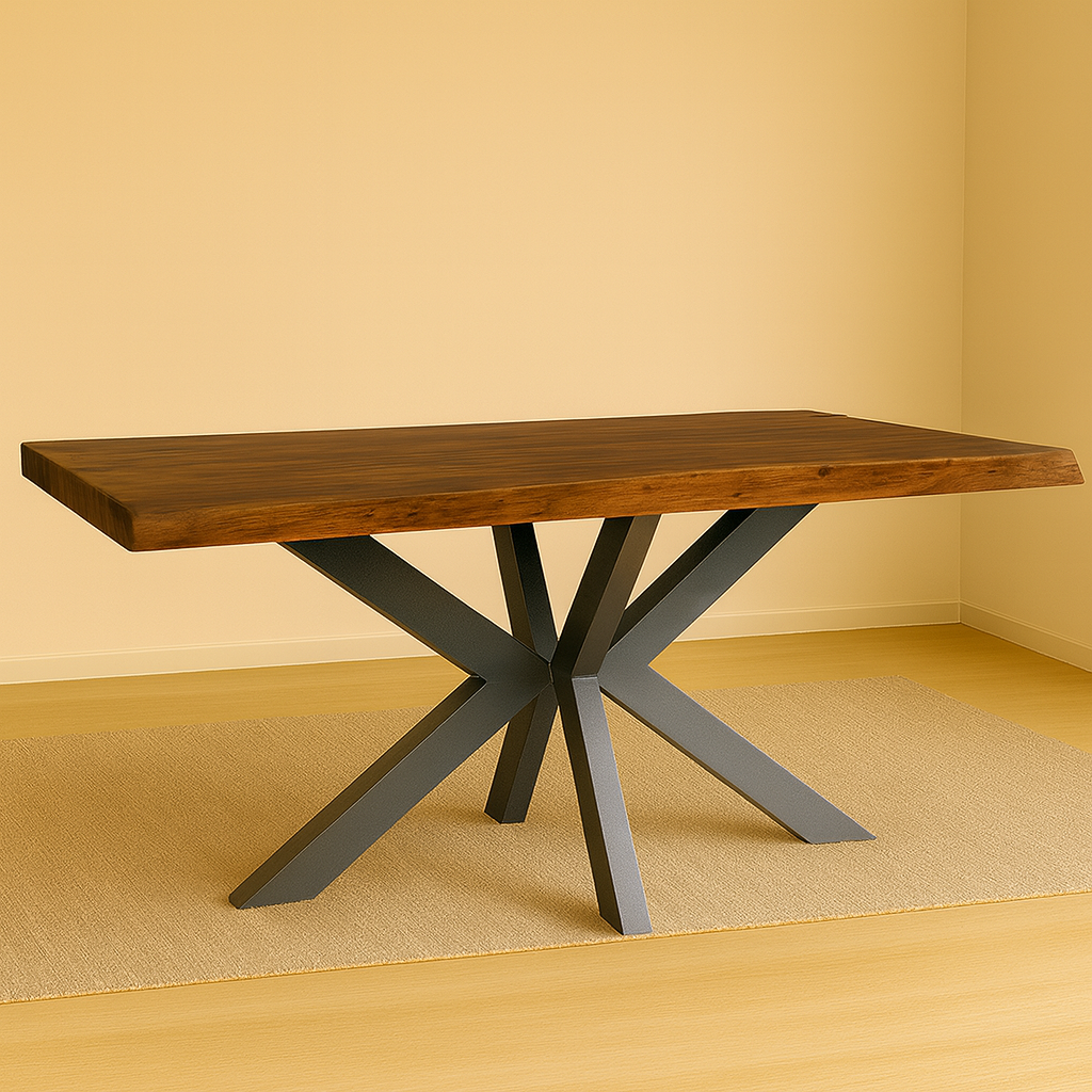 Mesa de comedor en madera maciza de acacia. Color natural. Diseño sencillo y moderno con acabado natural y bordes irregulares.