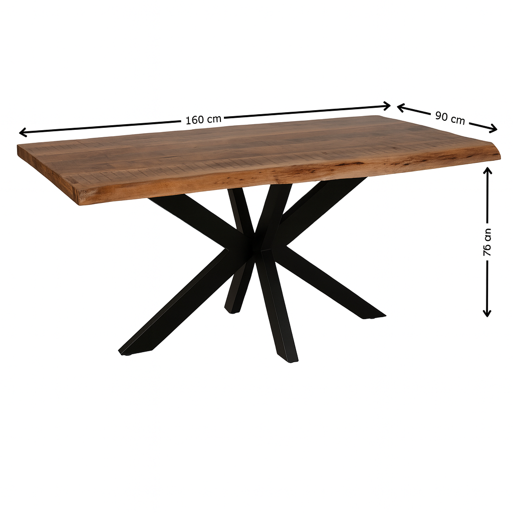 Mesa de comedor en madera maciza de acacia. Color natural. Diseño sencillo y moderno con acabado natural y bordes irregulares.