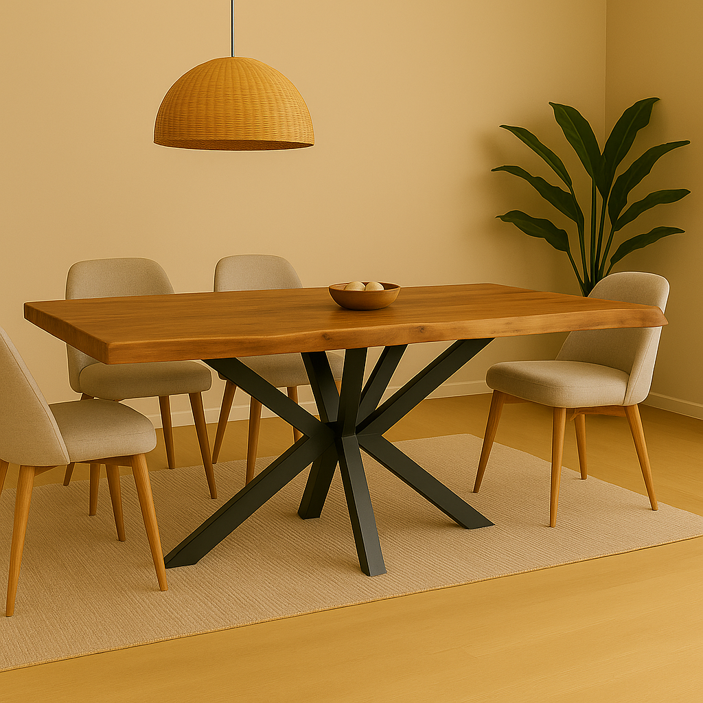 Mesa de comedor en madera maciza de acacia. Color natural. Diseño sencillo y moderno con acabado natural y bordes irregulares.