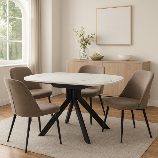 Mesa porcelánica Elun de piedra sinterizada brillante con patas en negro arenoso. Diseño moderno, alta resistencia, fácil limpieza y perfecta para salón o comedor.