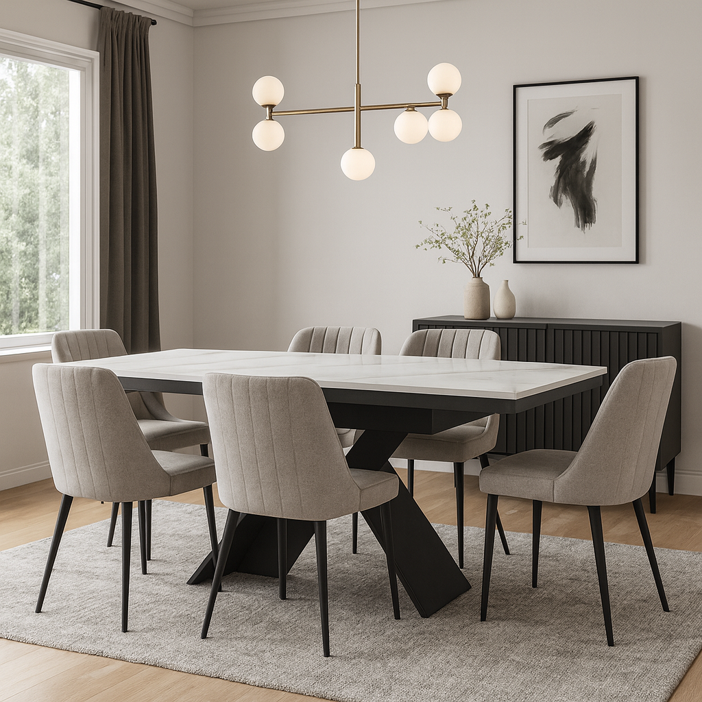 Mesa porcelánica Gia extensible 160–240 cm de piedra sinterizada brillante con patas gris arenoso. Alta resistencia, diseño moderno y fácil mantenimiento para salones y comedores.