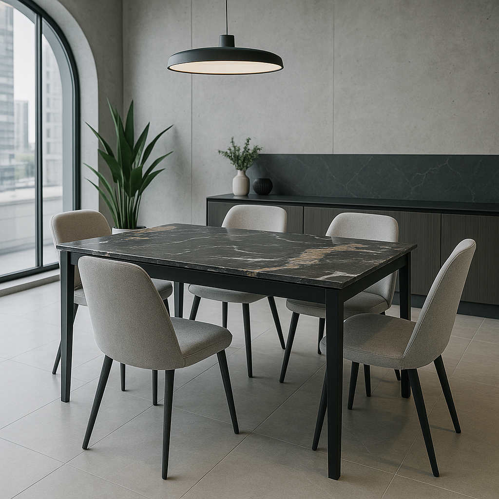 Mesa de comedor Irel con tablero de piedra sinterizada mate y patas en negro arenoso. Diseño moderno, alta resistencia, fácil limpieza y estilo contemporáneo para salón y comedor.