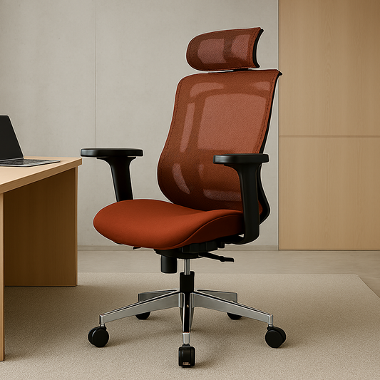 Silla de oficina ergonómica Icon-H Plus naranja con respaldo de malla, soporte lumbar 2D, reposacabezas 2D, reposabrazos 3D y ajuste en 3 posiciones.