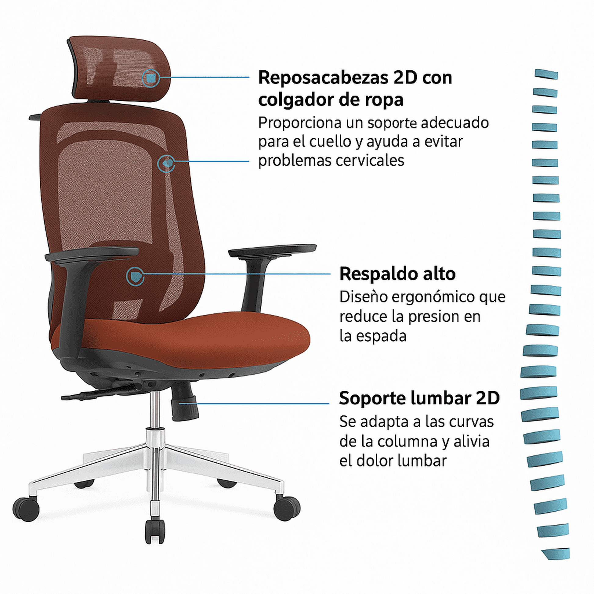 Silla de oficina ergonómica Icon-H Plus naranja con respaldo de malla, soporte lumbar 2D, reposacabezas 2D, reposabrazos 3D y ajuste en 3 posiciones.