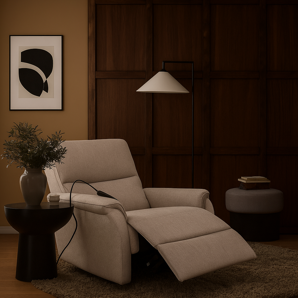 Sillón relax eléctrico Luma en color beige o gris. Reclinable, cómodo y elegante. Medidas 76×93×100 cm, ideal para salones modernos y funcionales.