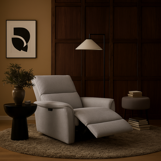 Sillón relax eléctrico Luma en color beige o gris. Reclinable, cómodo y elegante. Medidas 76×93×100 cm, ideal para salones modernos y funcionales.