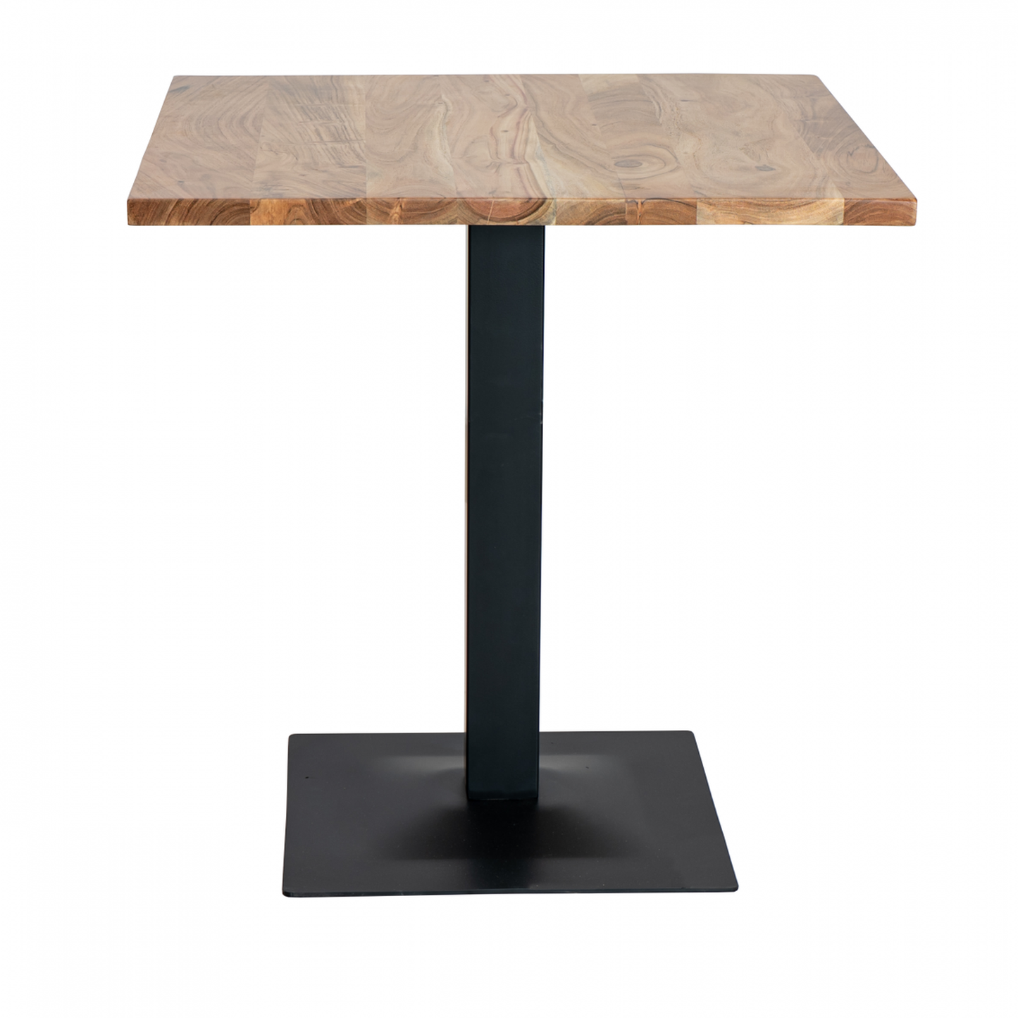Mesa para hostelería 70×70 cm en madera de acacia natural con pie central cuadrado. Diseño resistente, ideal para bares, terrazas y restaurantes.