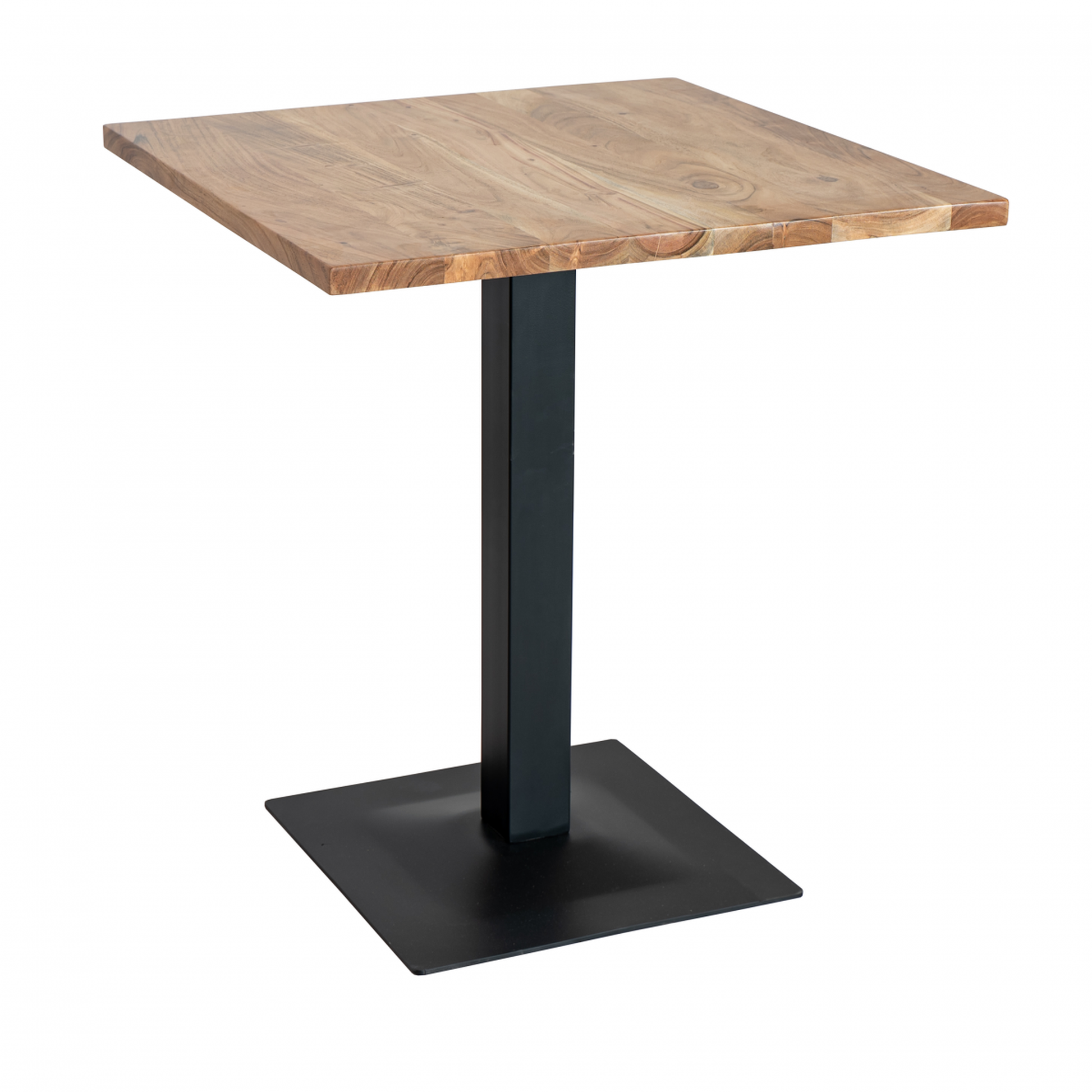 Mesa para hostelería 70×70 cm en madera de acacia natural con pie central cuadrado. Diseño resistente, ideal para bares, terrazas y restaurantes.