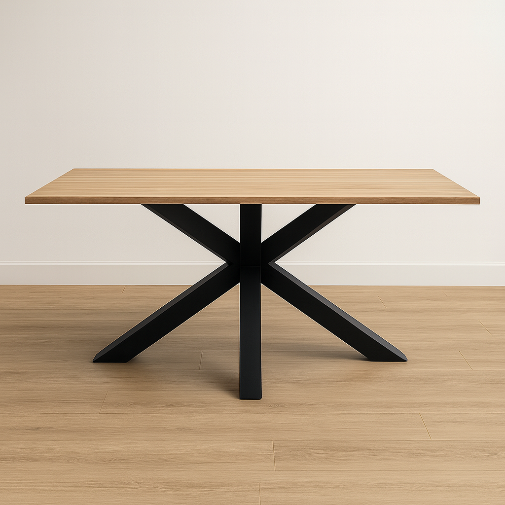 Mesa de comedor rectangular en MDF acabado madera con patas metálicas. Una mesa elegante, sofisticada y sencilla.