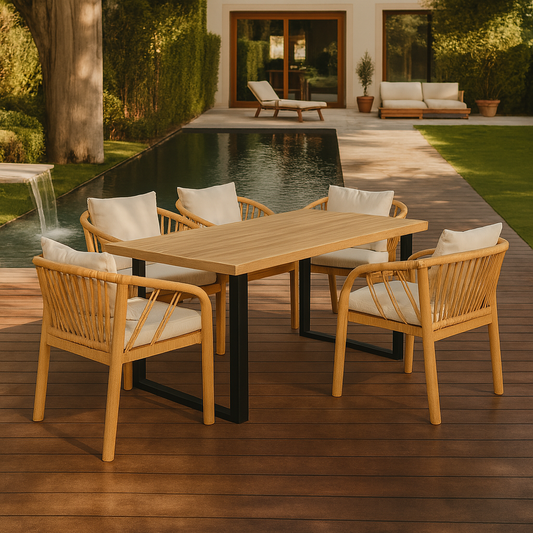 Mesa de comedor rectangular. Tabla de MDF con acabado madera y patas metálicas negras en forma de U. Una mesa compacta y resistente.