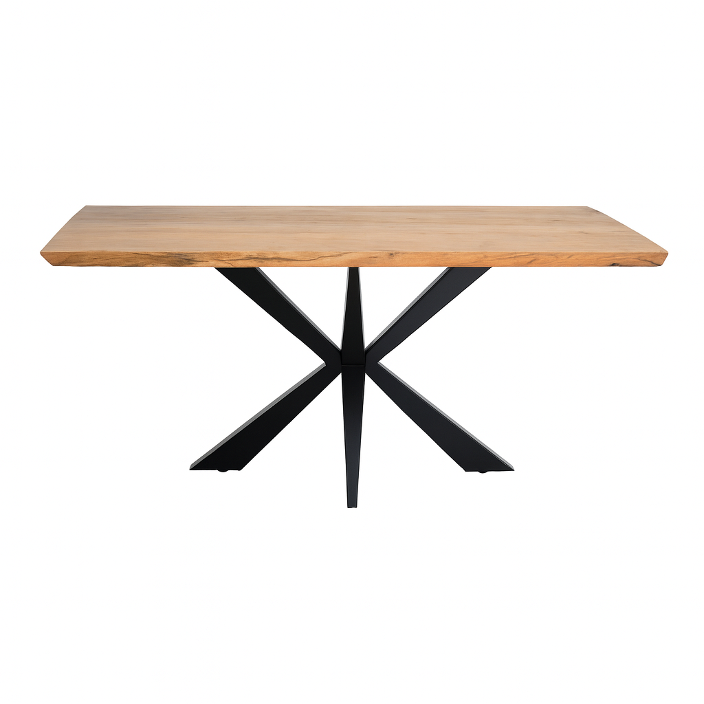 Mesa de comedor de acacia maciza "TALLIN" en color natural con patas metálicas tipo araña. Diseño moderno e industrial ideal para cualquier comedor.
