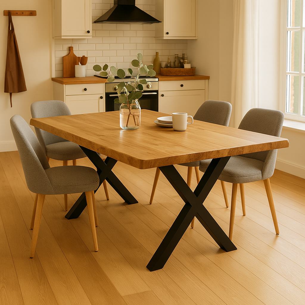 Mesa de comedor RIGA de acacia natural con patas metálicas en X. Un diseño robusto y elegante para comedores modernos y con estilo.