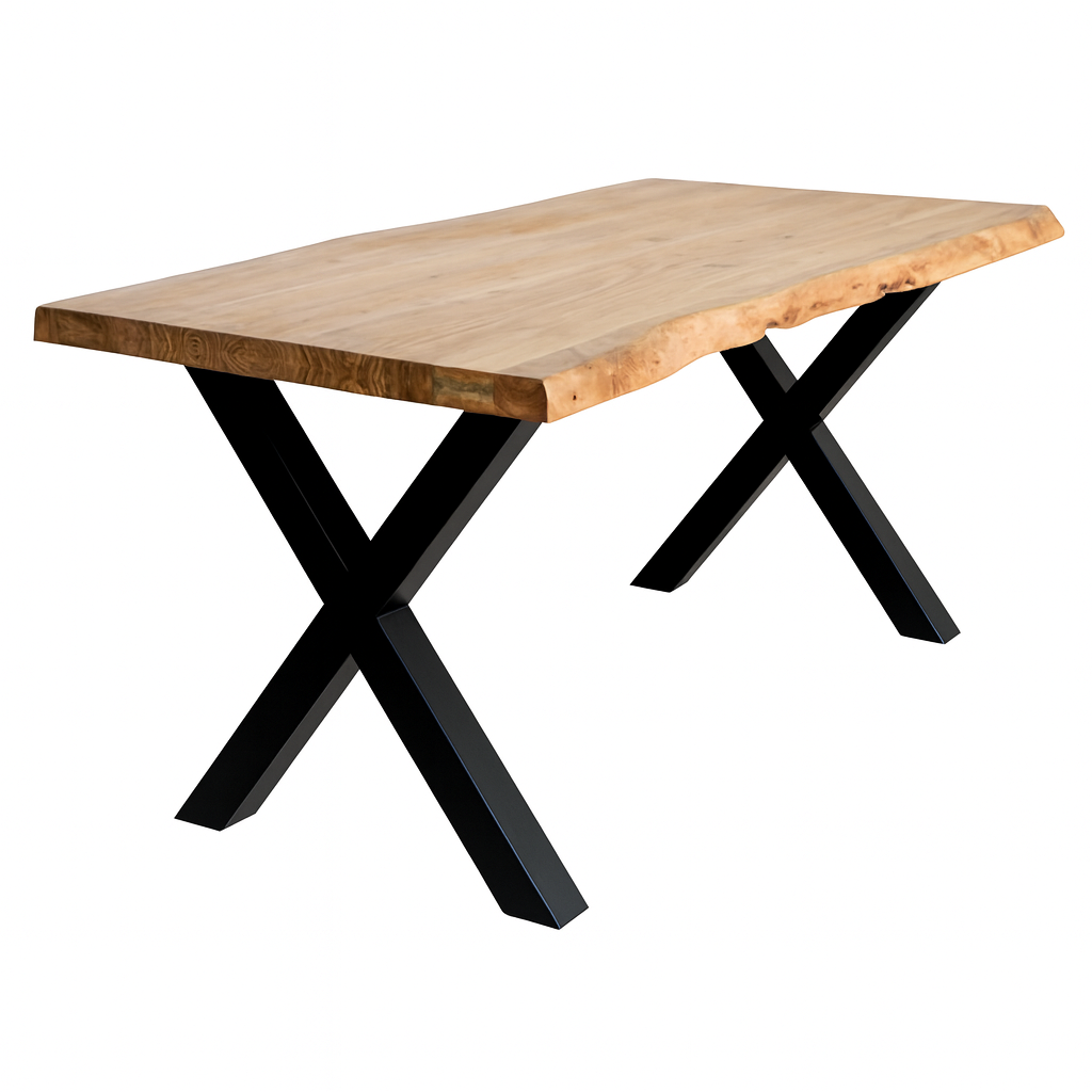 Mesa de comedor RIGA de acacia natural con patas metálicas en X. Un diseño robusto y elegante para comedores modernos y con estilo.