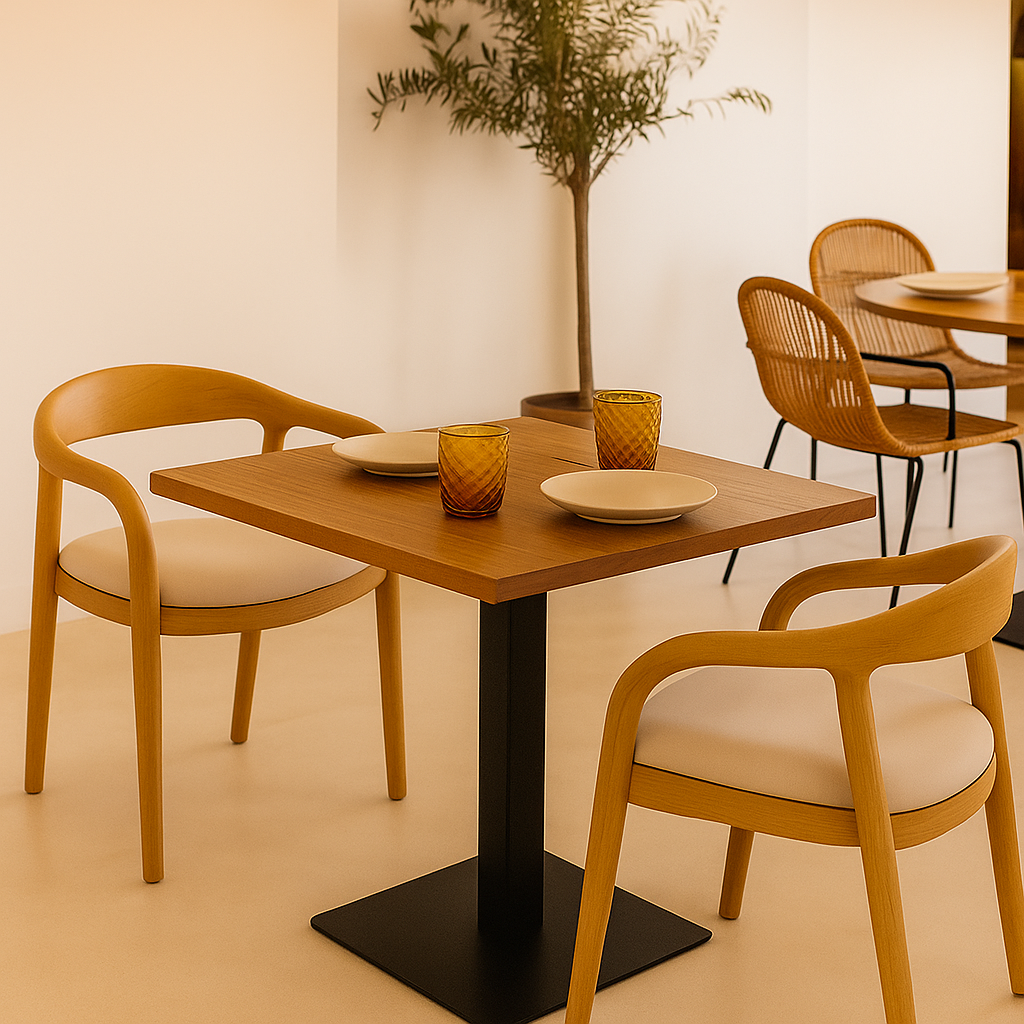 Mesa para hostelería 70×70 cm en madera de acacia natural con pie central cuadrado. Diseño resistente, ideal para bares, terrazas y restaurantes.