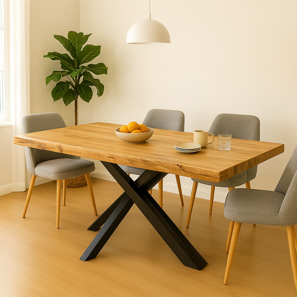 Mesa de comedor VIK de acacia natural con patas spider negras. Un diseño moderno, robusto y elegante para comedores con estilo.