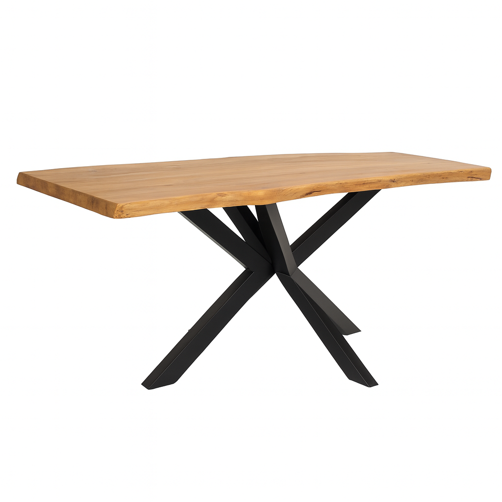 Mesa de comedor VIK de acacia natural con patas spider negras. Un diseño moderno, robusto y elegante para comedores con estilo.
