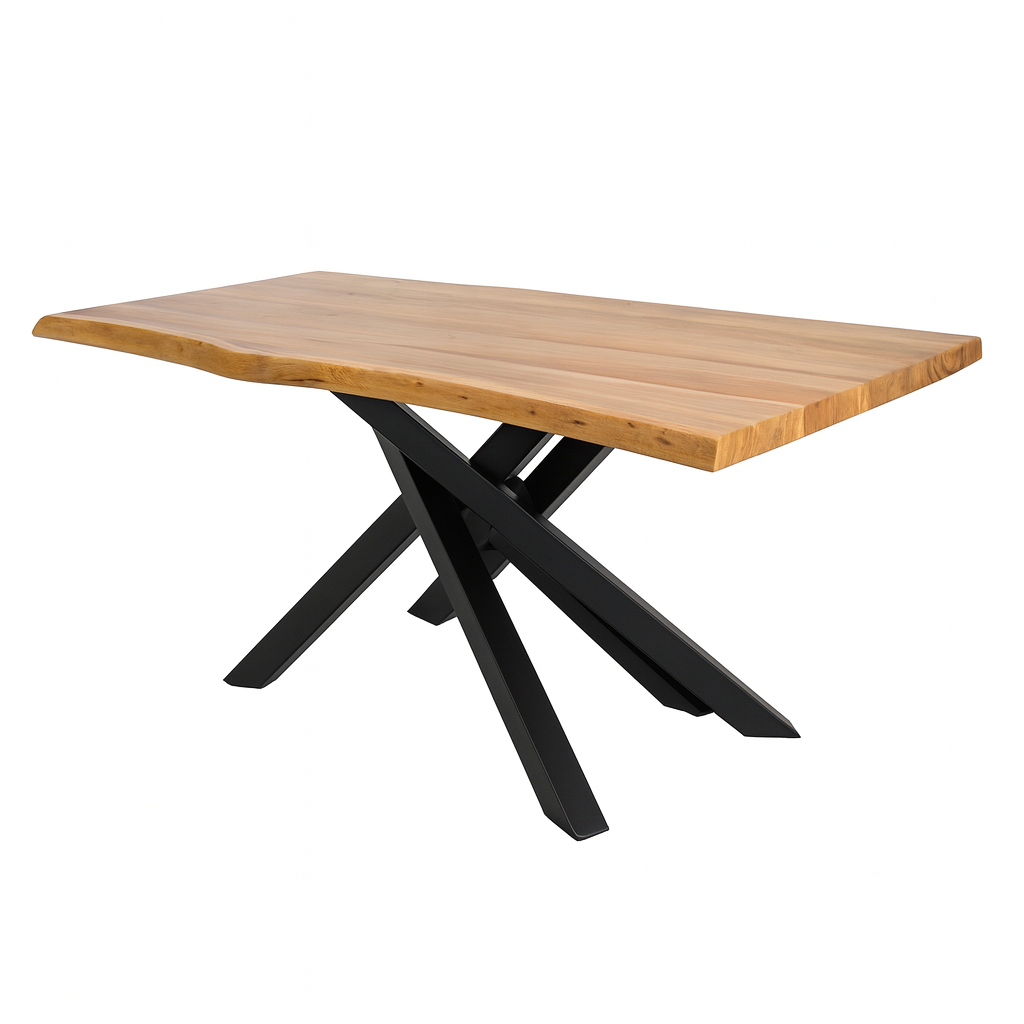 Mesa de comedor VIK de acacia natural con patas spider negras. Un diseño moderno, robusto y elegante para comedores con estilo.