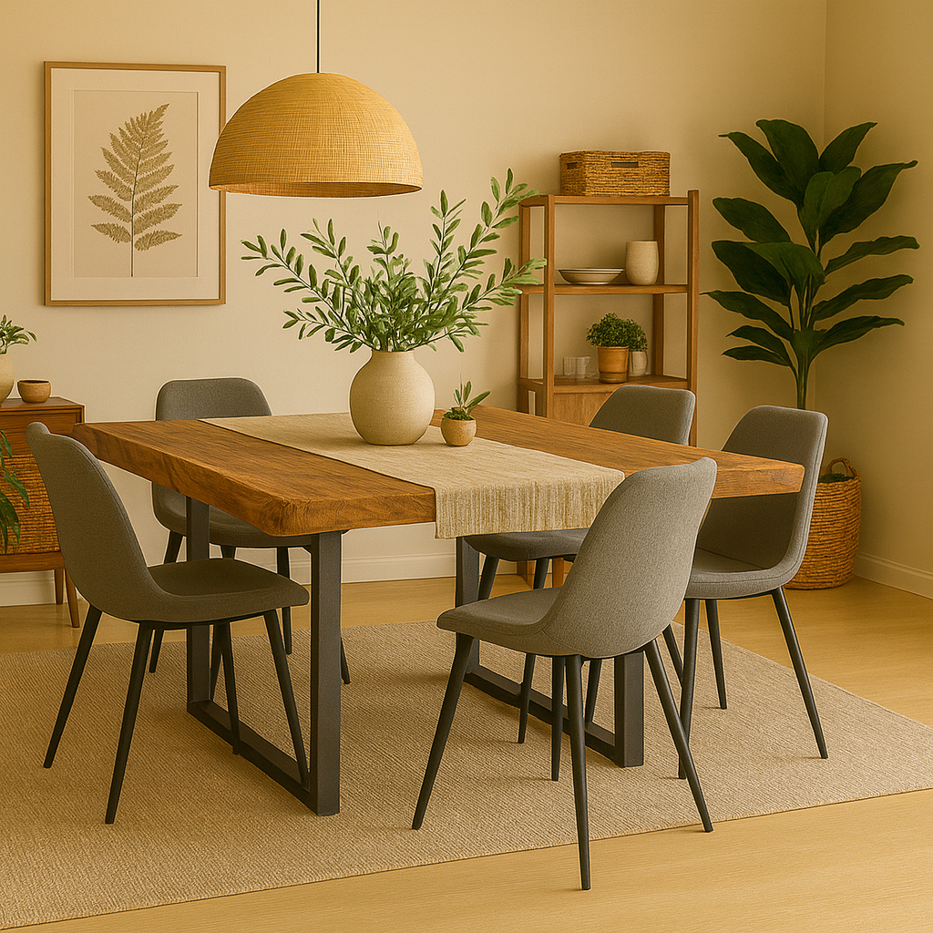 Mesa de madera rústica en madera de acacia natural con patas de metal en forma de U. Perfecta para reunir a toda la familia.