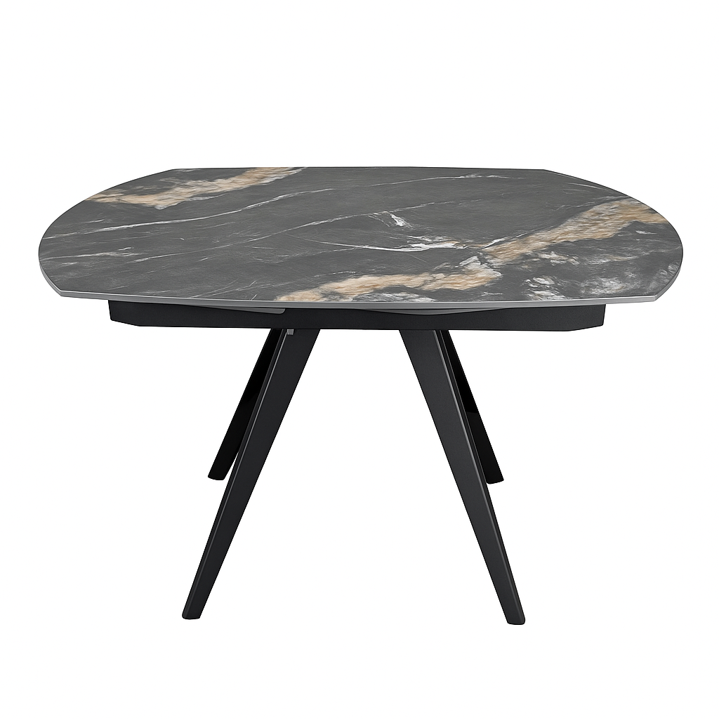 Mesa de comedor Serel con tablero de piedra sinterizada mate o brillante y patas en negro o gris arenoso. Alta resistencia, fácil limpieza y diseño contemporáneo para salones y comedores modernos.