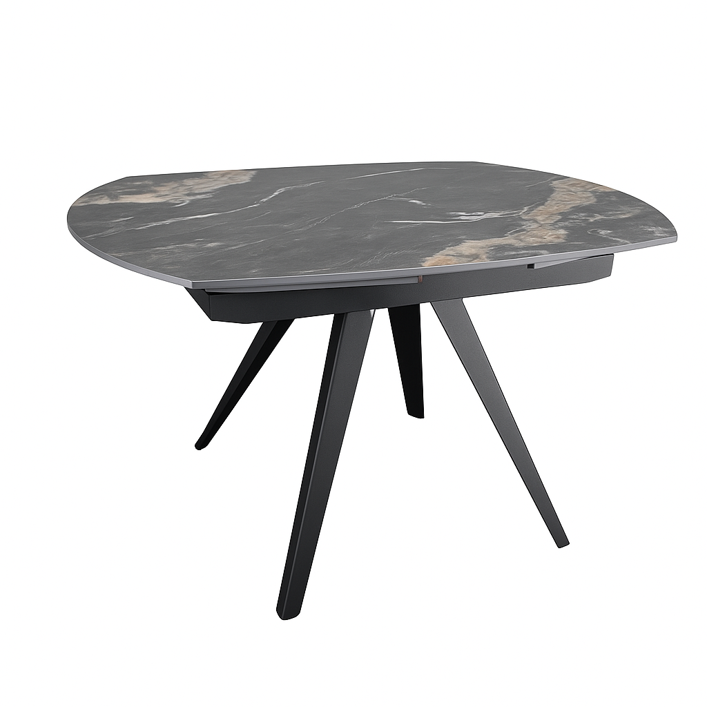 Mesa de comedor Serel con tablero de piedra sinterizada mate o brillante y patas en negro o gris arenoso. Alta resistencia, fácil limpieza y diseño contemporáneo para salones y comedores modernos.