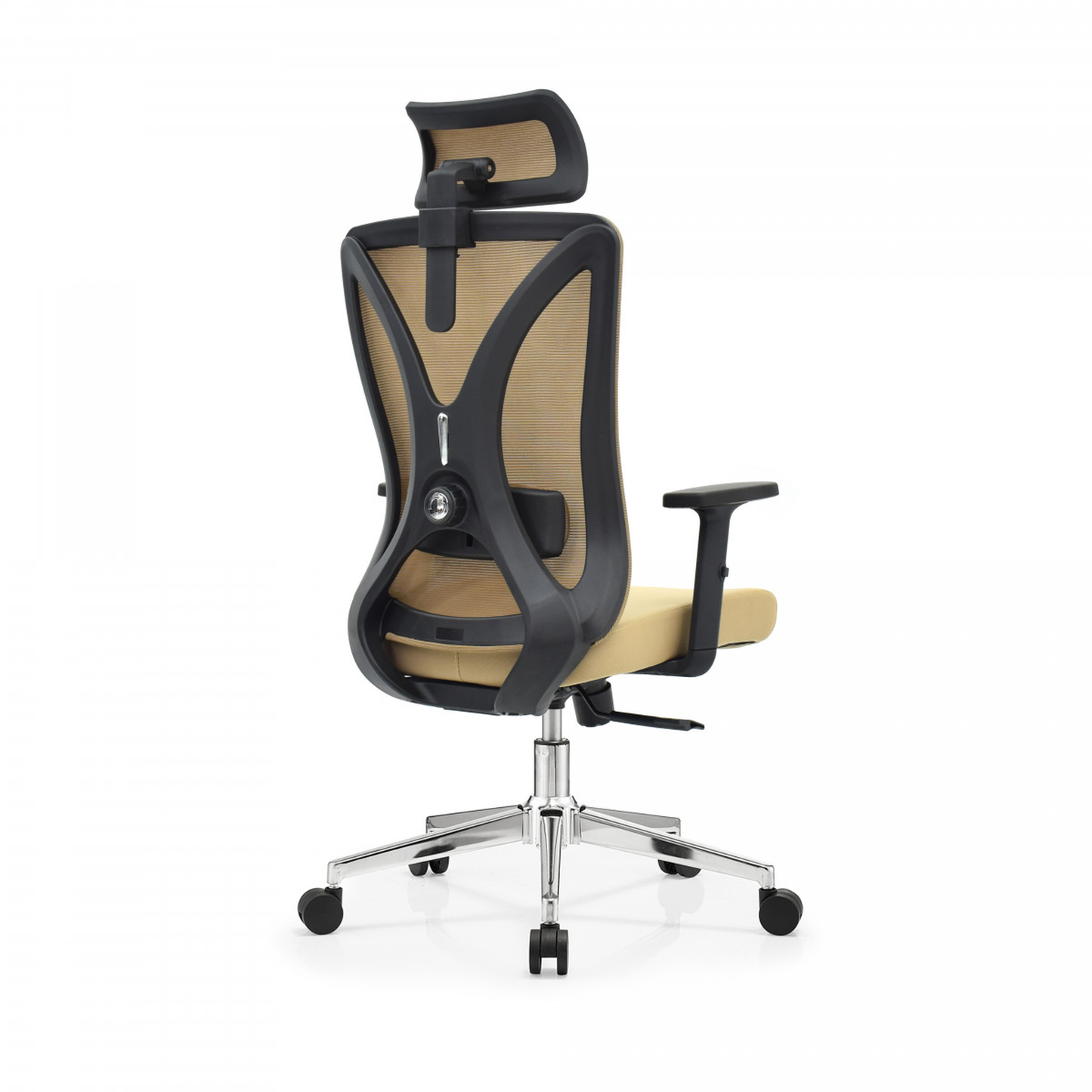 Silla de oficina ergonómica caqui con respaldo de malla, soporte lumbar 2D, reposacabezas ajustable y percha trasera. Confort y estilo para tu oficina.