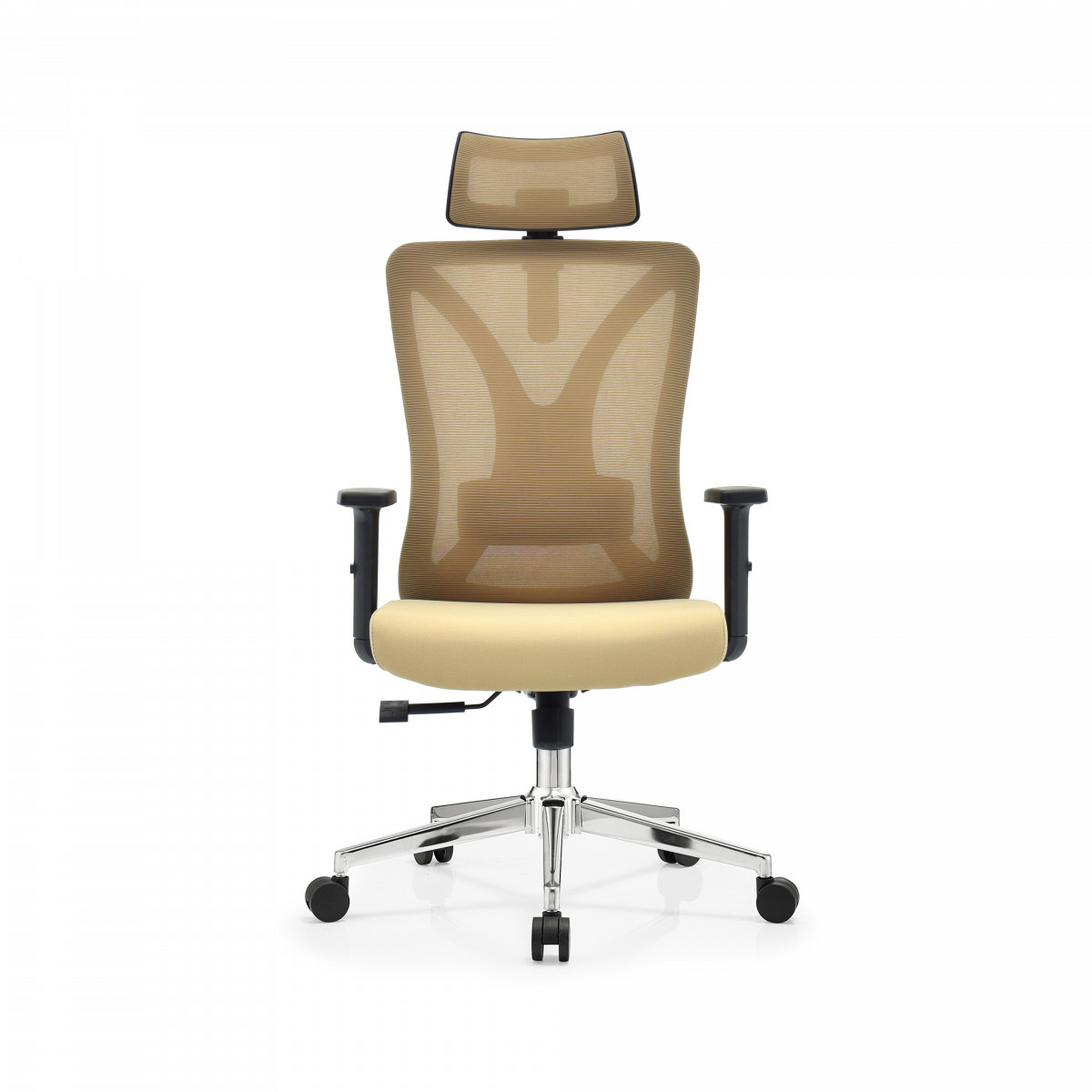 Silla de oficina ergonómica caqui con respaldo de malla, soporte lumbar 2D, reposacabezas ajustable y percha trasera. Confort y estilo para tu oficina.