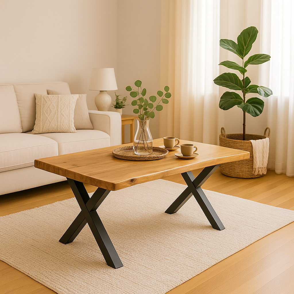 Mesa de centro RIGA de acacia natural con patas en X negras. Diseño industrial cálido y funcional para salas modernas. Medidas: 113×63×45 cm.